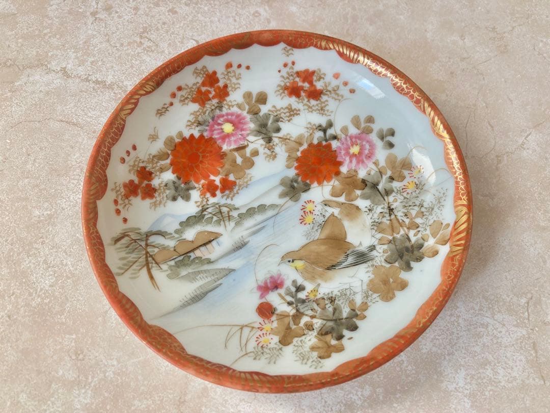 明治期　九谷焼　加藤造　薄手　金彩色絵　花鳥画