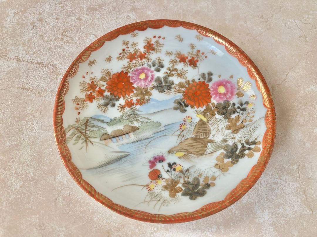 明治期　九谷焼　加藤造　薄手　金彩色絵　花鳥画