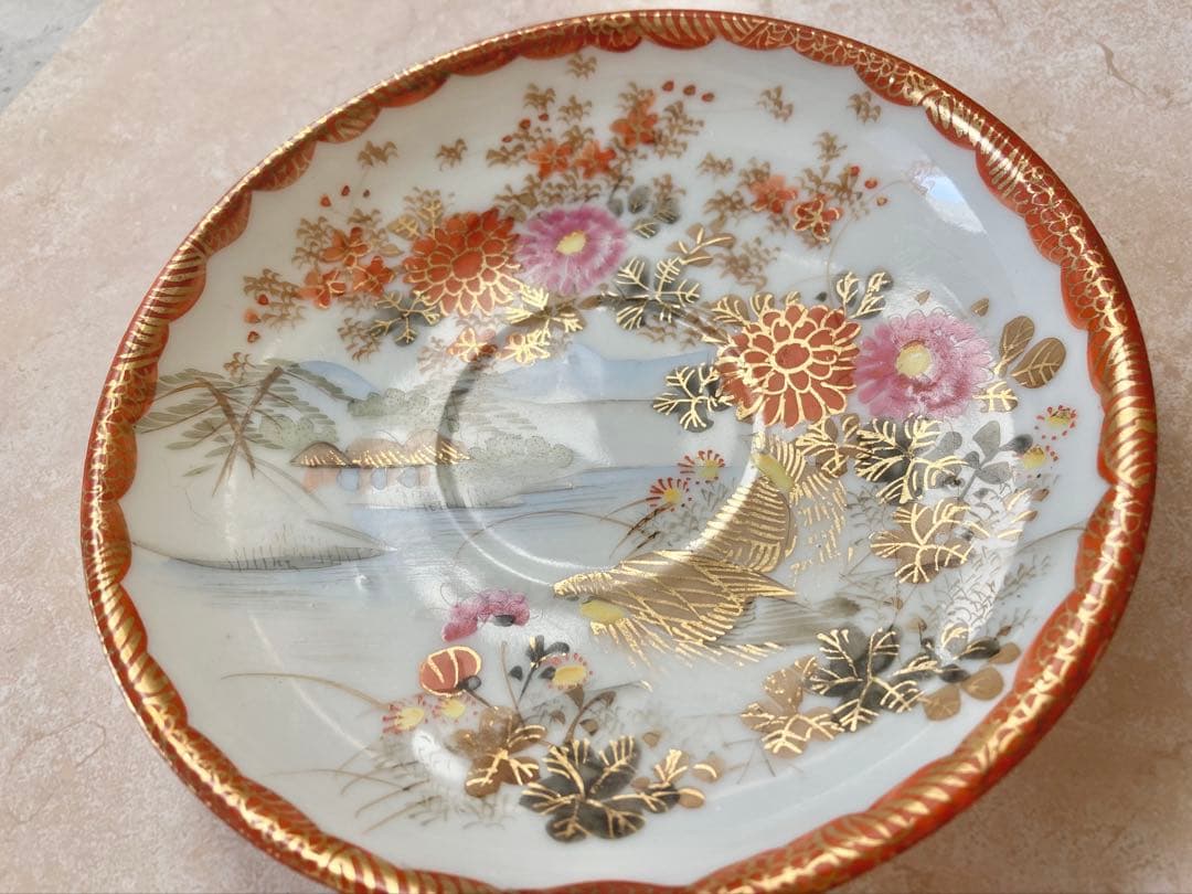 明治期　九谷焼　加藤造　薄手　金彩色絵　花鳥画