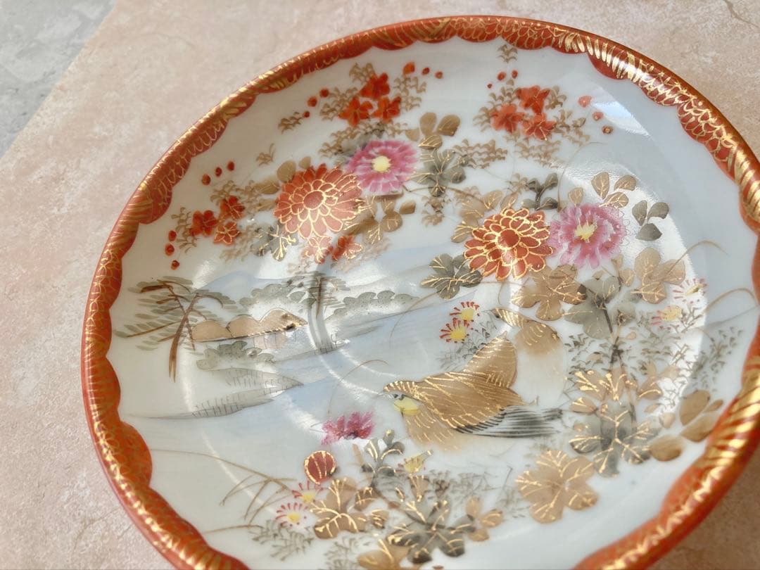 明治期　九谷焼　加藤造　薄手　金彩色絵　花鳥画