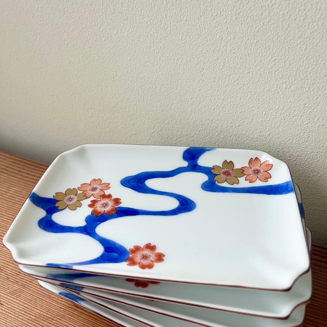 深川製磁　川に桜　変形角小皿　5枚セット