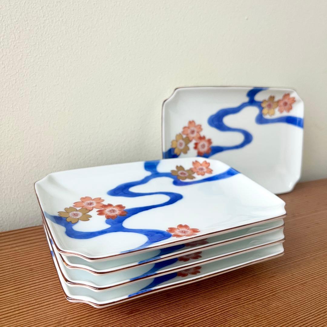 深川製磁　川に桜　変形角小皿　5枚セット