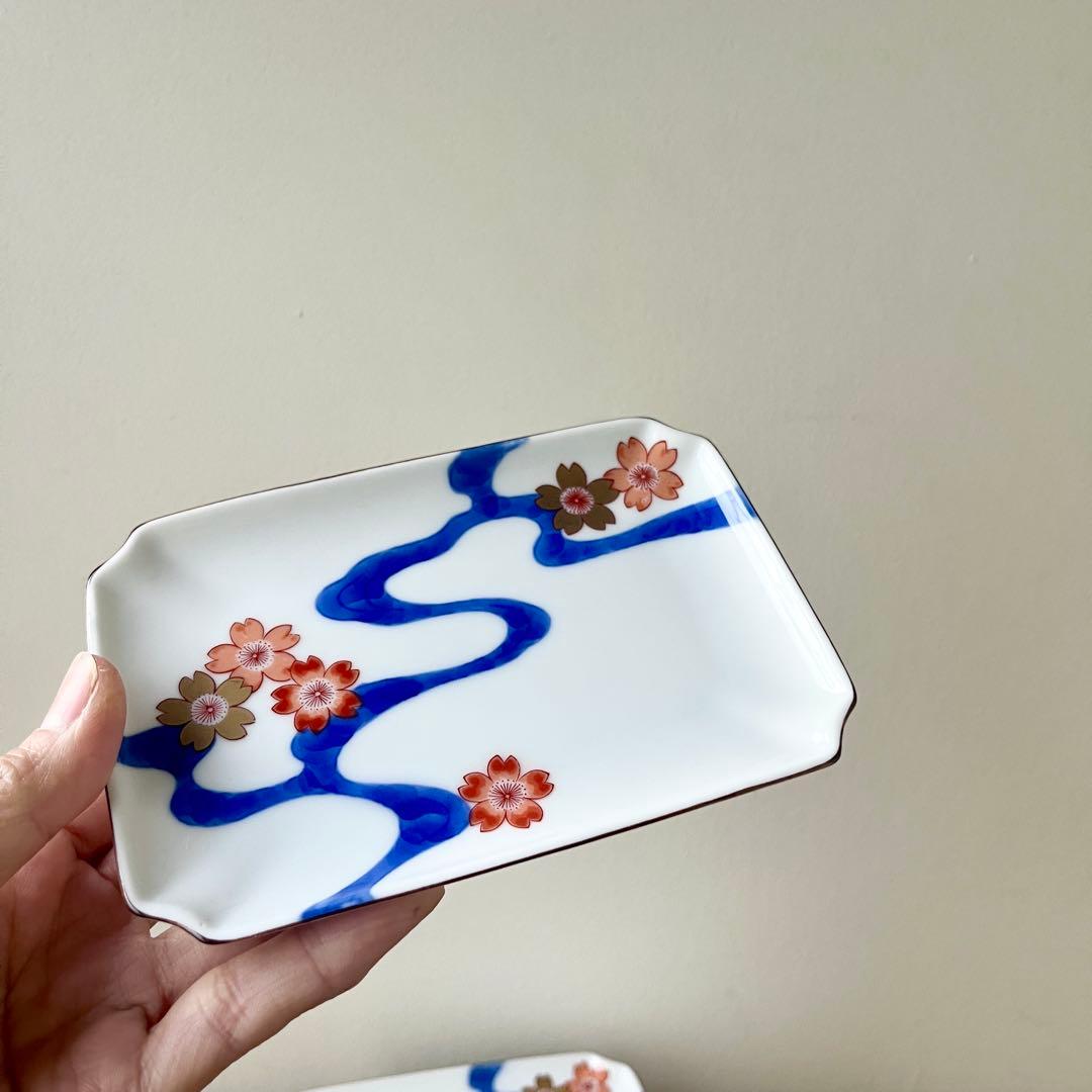 深川製磁　川に桜　変形角小皿　5枚セット