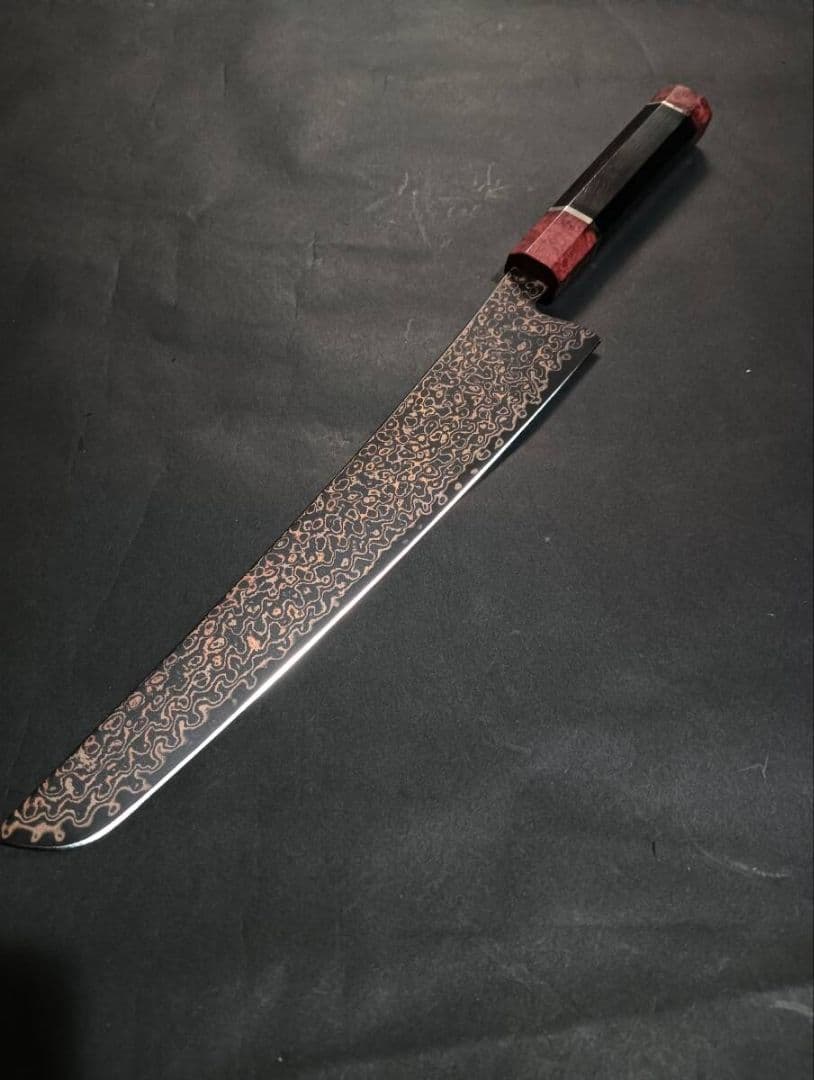 黒打ち67層鏡面ダマスカスV金10号筋引き260mm 黒檀花梨瘤柄　悪鬼滅殺剣