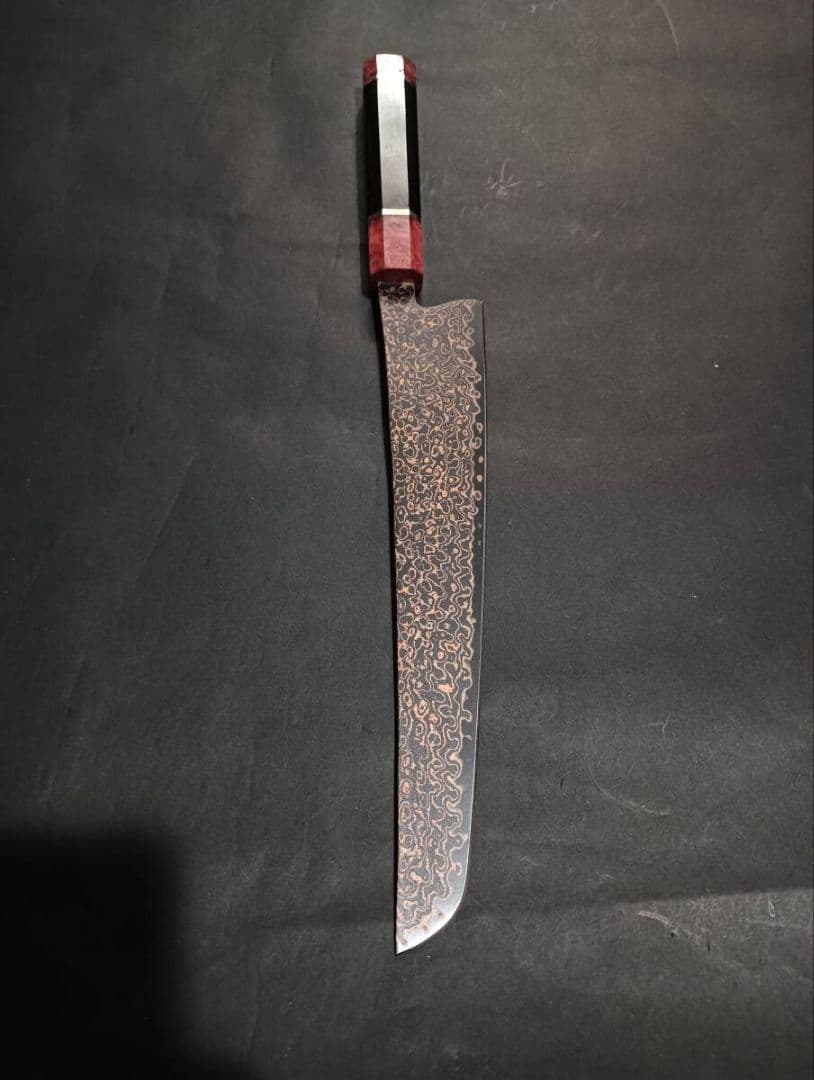 黒打ち67層鏡面ダマスカスV金10号筋引き260mm 黒檀花梨瘤柄　悪鬼滅殺剣