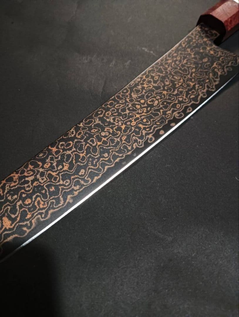 黒打ち67層鏡面ダマスカスV金10号筋引き260mm 黒檀花梨瘤柄　悪鬼滅殺剣