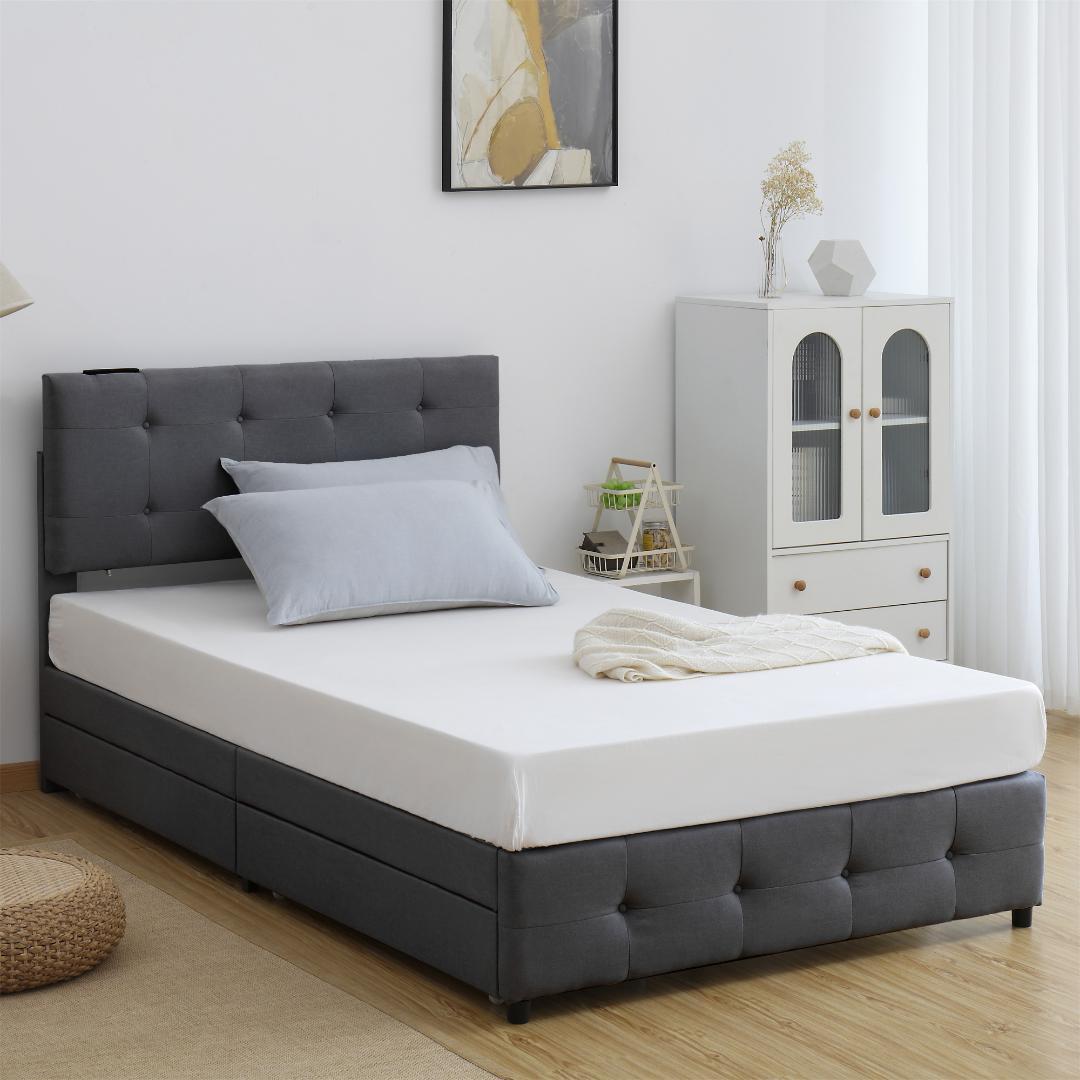 【新品】ダークグレー SDシングルベッド 布貼り 引き出し付き 北欧風