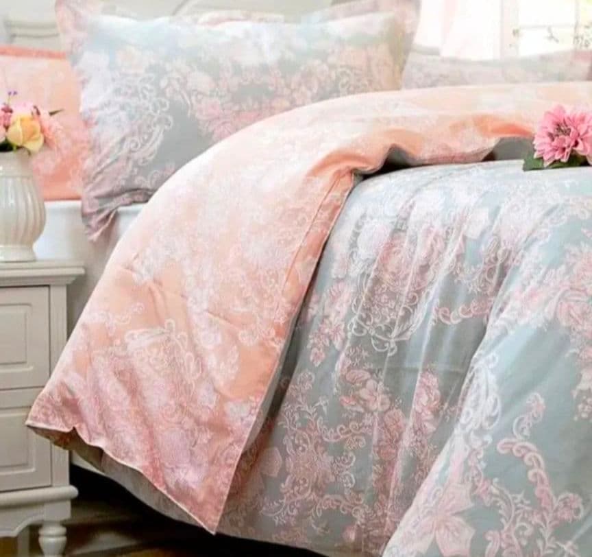 新品未使用★エレガントグレーピンクのダマスクスローズダブル掛け布団枕カバーセット