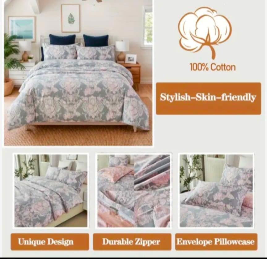 新品未使用★エレガントグレーピンクのダマスクスローズダブル掛け布団枕カバーセット