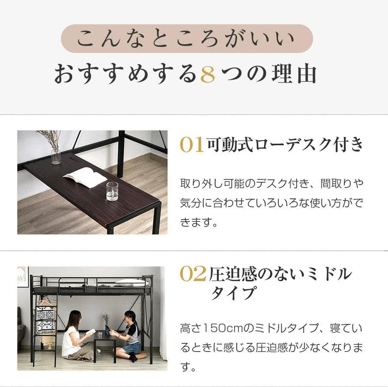 人気再入荷！ロフトベッド（S）コンセント・ローデスク付き耐荷重150kgブラック