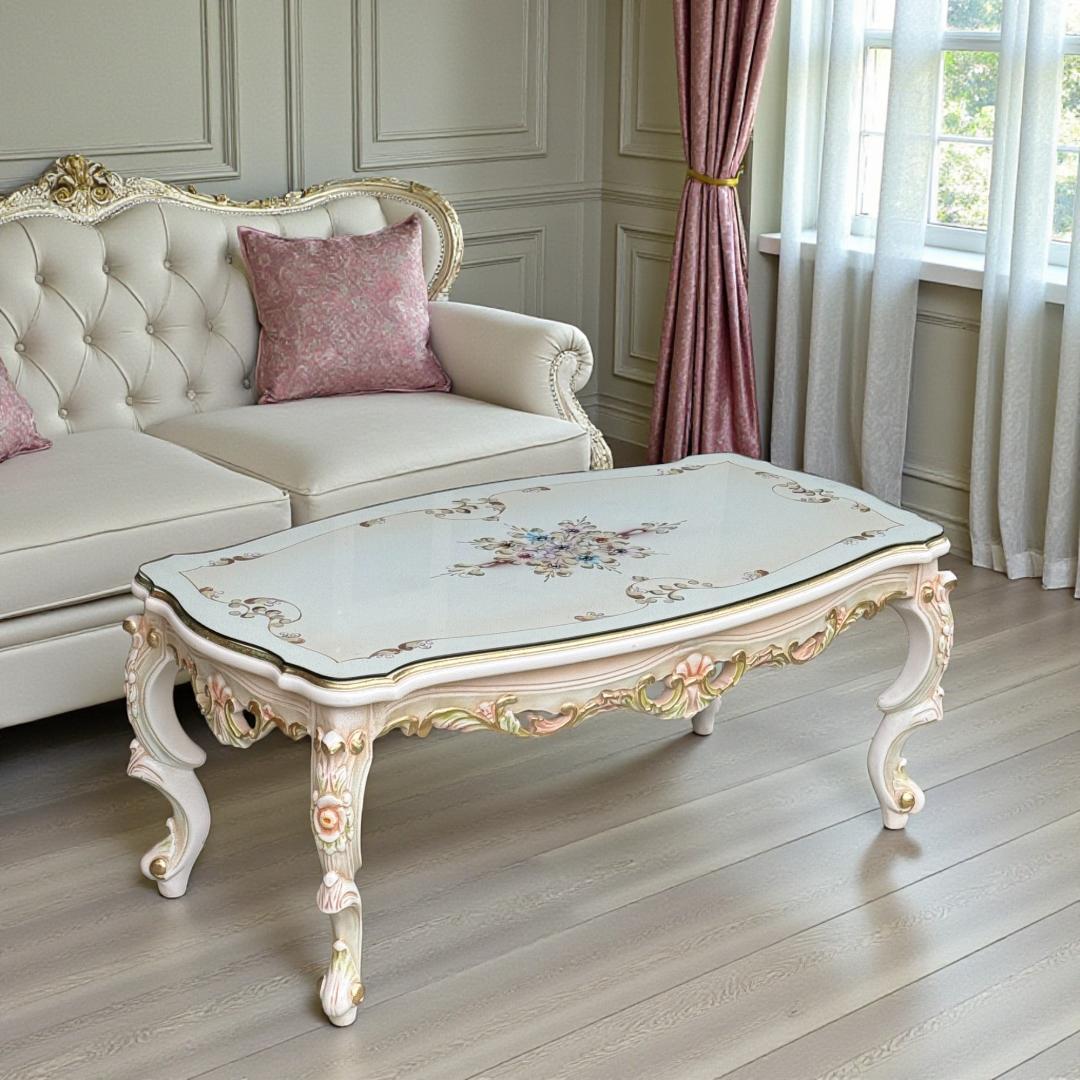 ロココ調 センターテーブル 猫脚 クラック塗装 金彩 手書きペイント ガラス天板