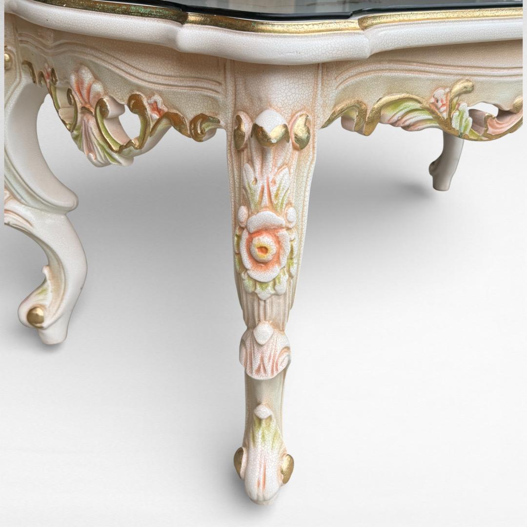 ロココ調 センターテーブル 猫脚 クラック塗装 金彩 手書きペイント ガラス天板