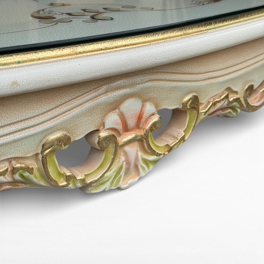 ロココ調 センターテーブル 猫脚 クラック塗装 金彩 手書きペイント ガラス天板