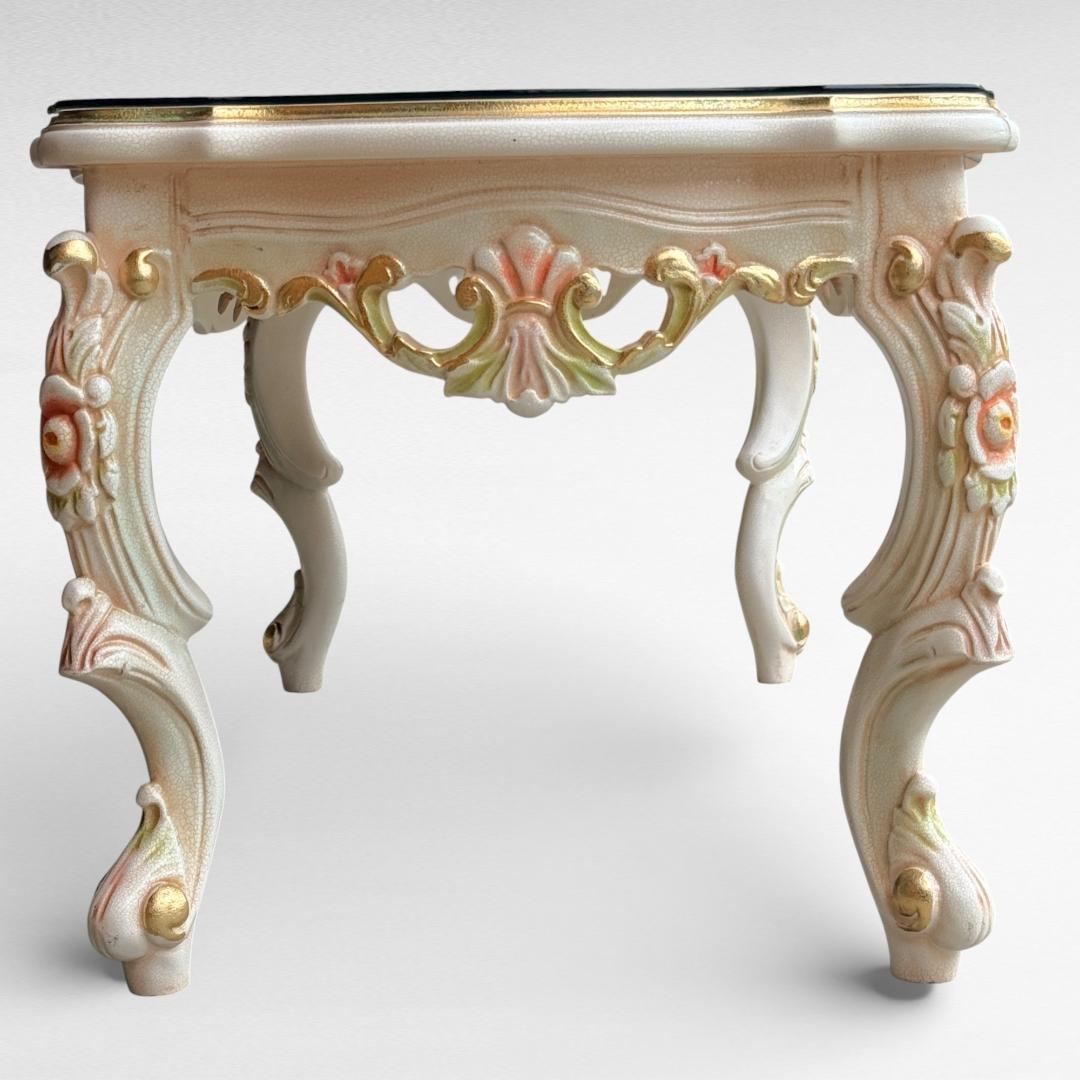 ロココ調 センターテーブル 猫脚 クラック塗装 金彩 手書きペイント ガラス天板