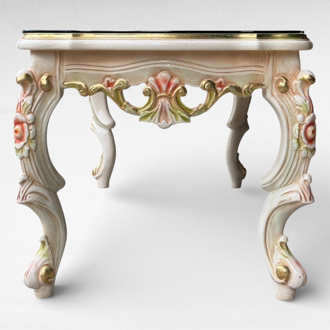 ロココ調 センターテーブル 猫脚 クラック塗装 金彩 手書きペイント ガラス天板