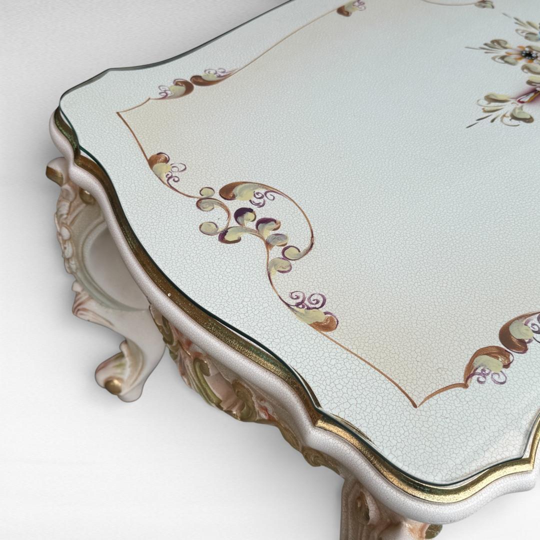 ロココ調 センターテーブル 猫脚 クラック塗装 金彩 手書きペイント ガラス天板