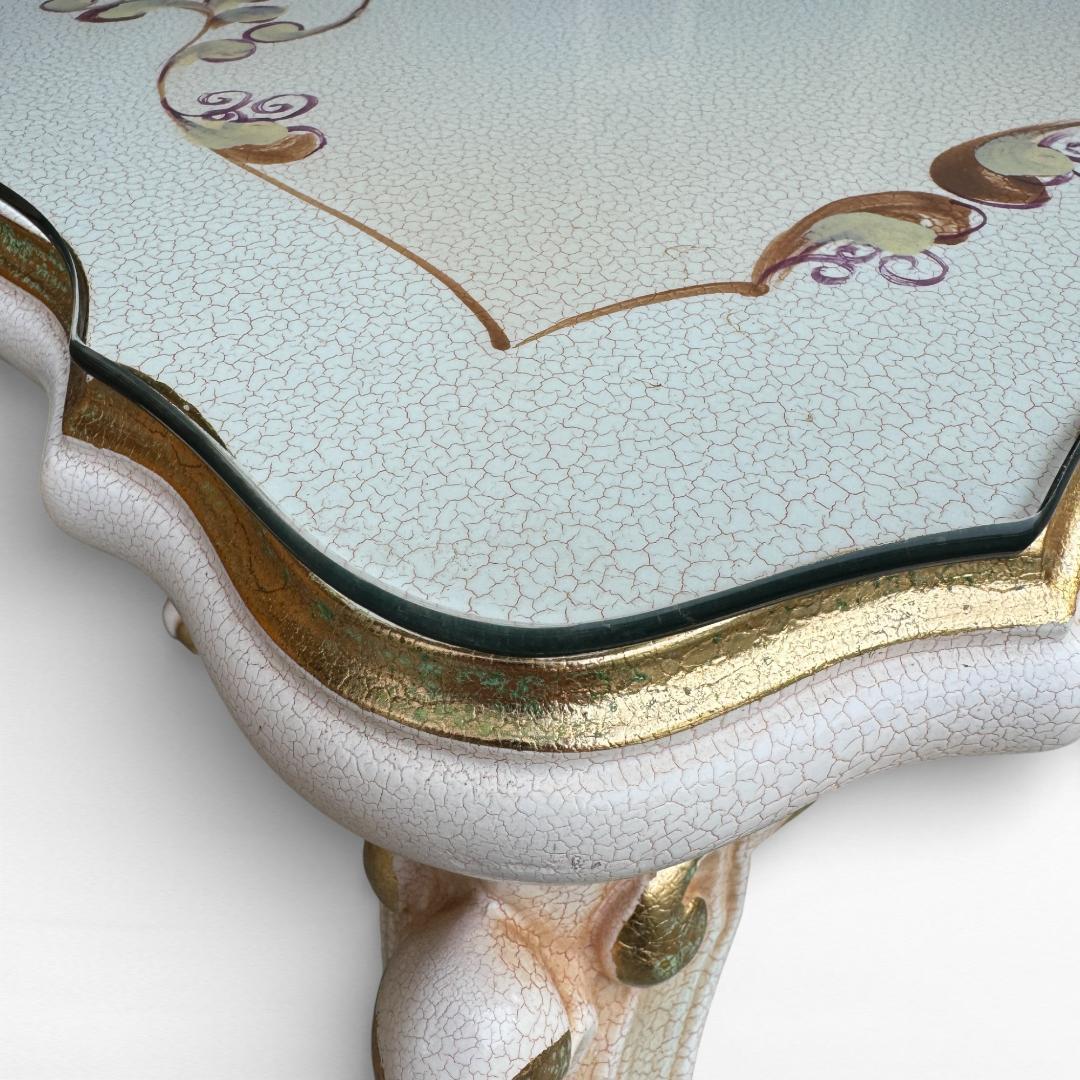 ロココ調 センターテーブル 猫脚 クラック塗装 金彩 手書きペイント ガラス天板