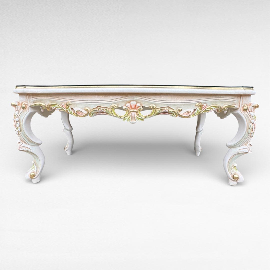 ロココ調 センターテーブル 猫脚 クラック塗装 金彩 手書きペイント ガラス天板