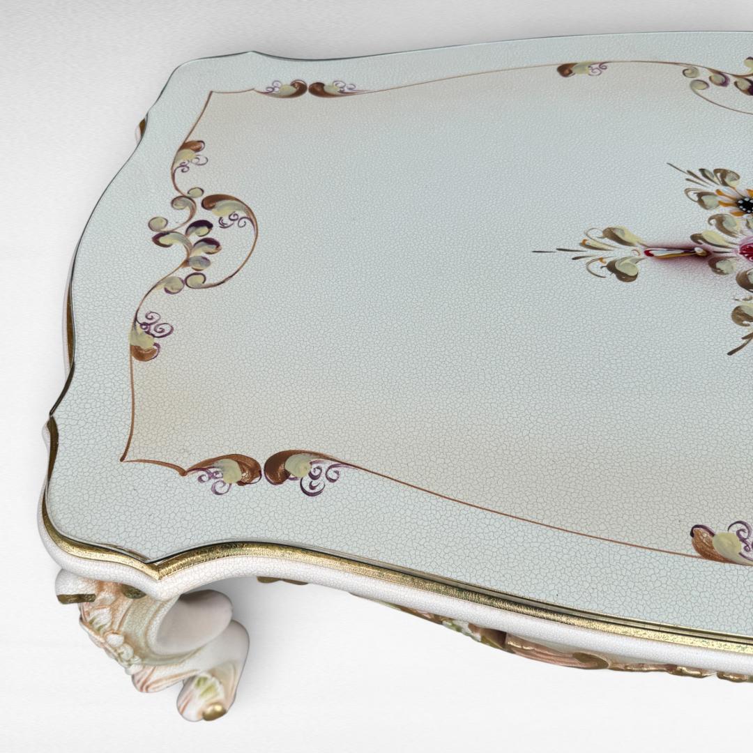 ロココ調 センターテーブル 猫脚 クラック塗装 金彩 手書きペイント ガラス天板