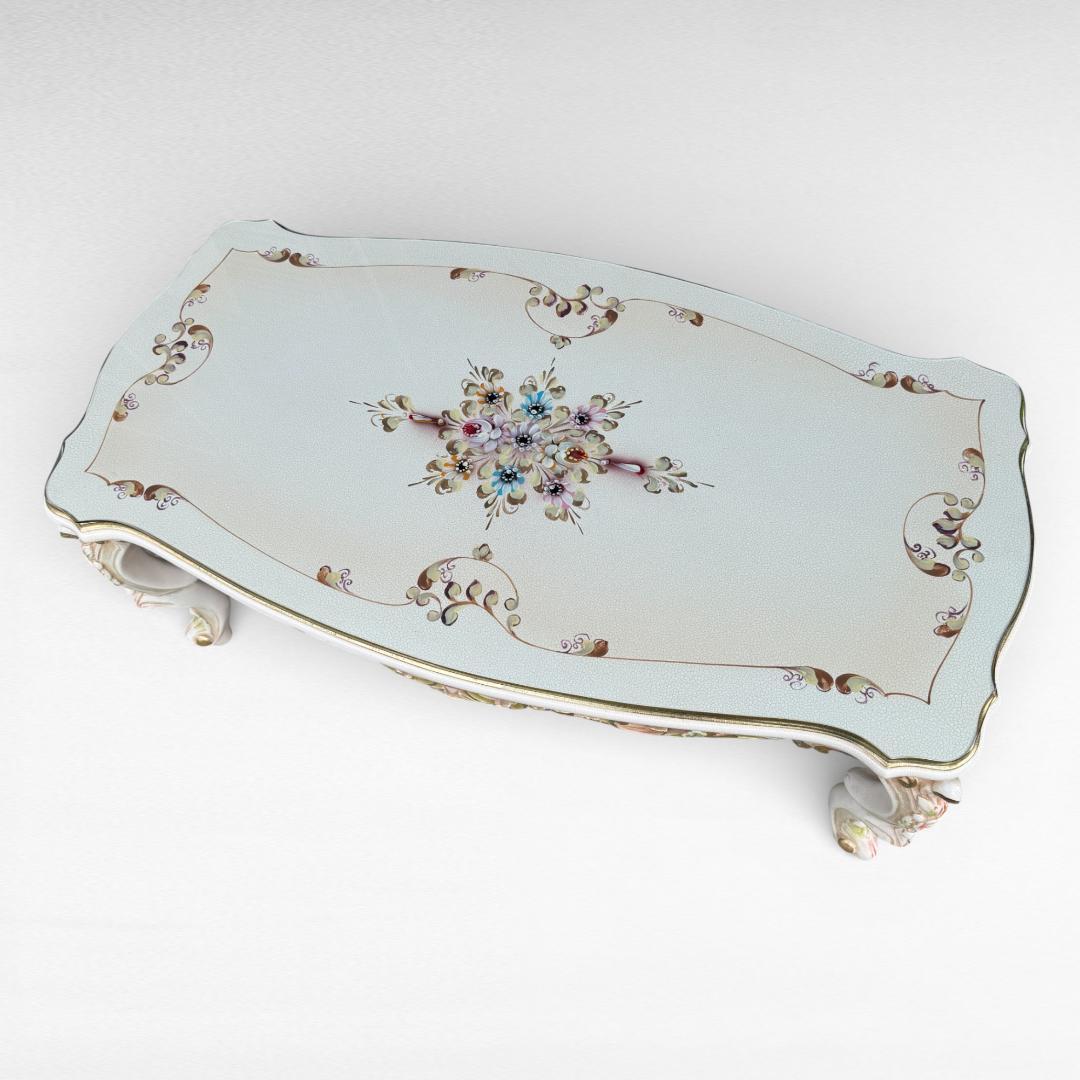 ロココ調 センターテーブル 猫脚 クラック塗装 金彩 手書きペイント ガラス天板