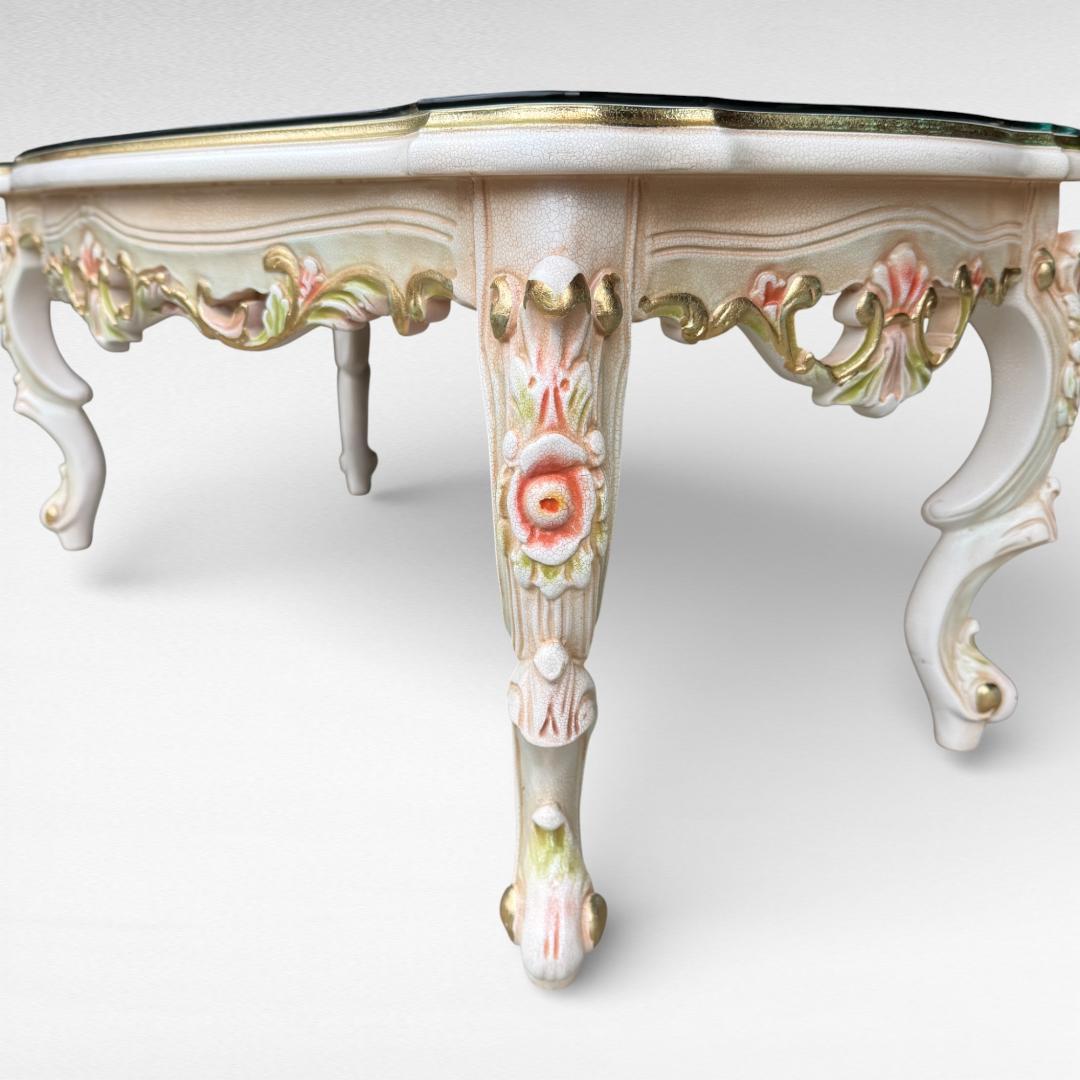 ロココ調 センターテーブル 猫脚 クラック塗装 金彩 手書きペイント ガラス天板