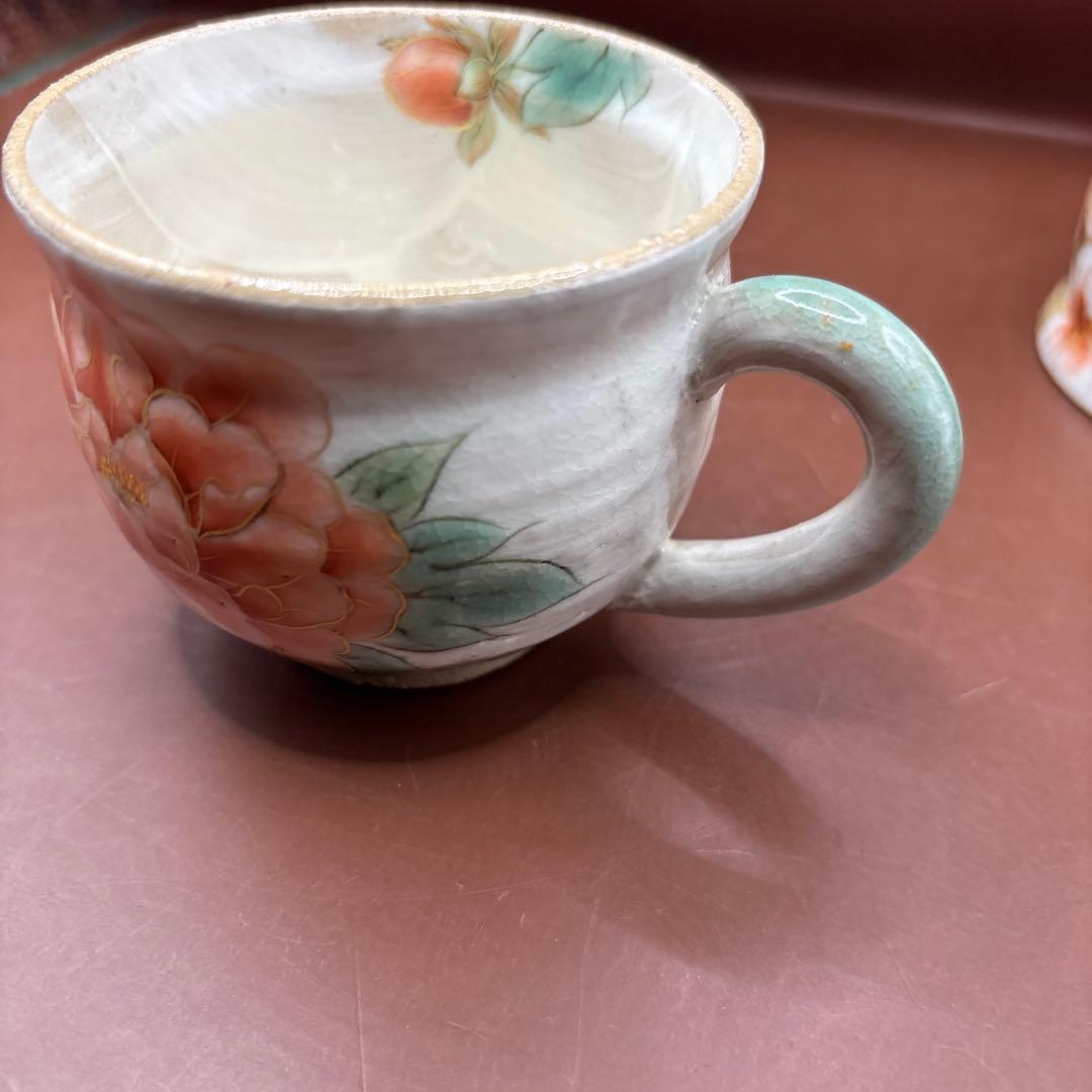 京焼　清水焼　陶あん　コーヒーカップ　芍薬　桜　カップ2個　色絵