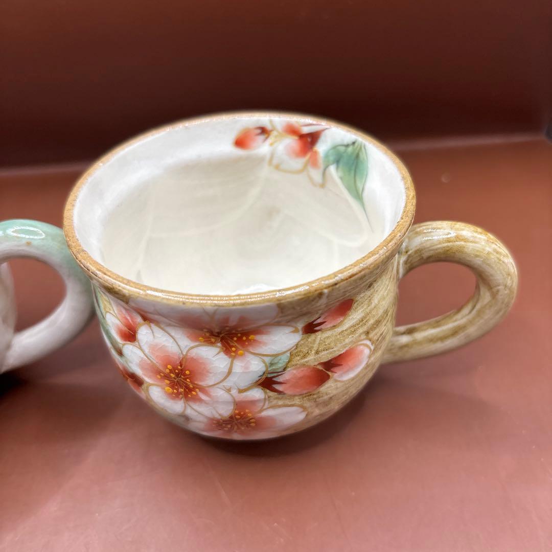 京焼　清水焼　陶あん　コーヒーカップ　芍薬　桜　カップ2個　色絵