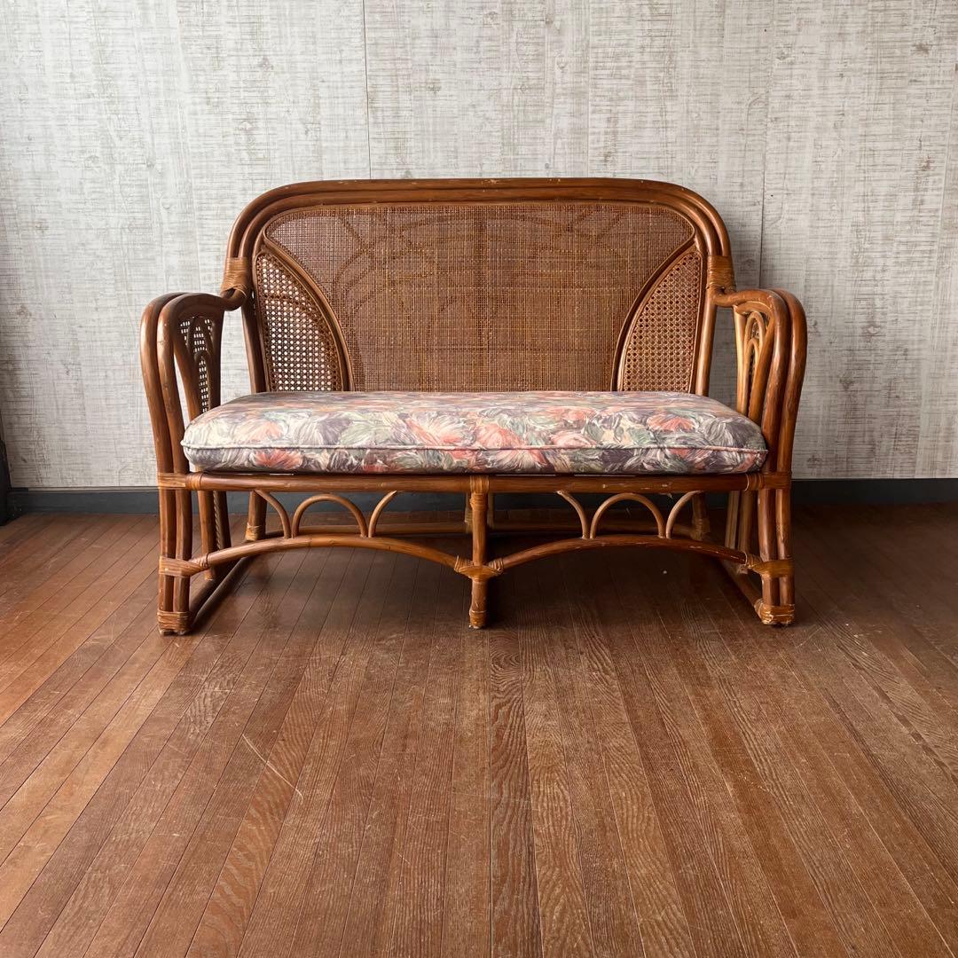 【アンティーク】籐 ラタン 2人掛け ソファ ラタンチェア 古民家 古家具