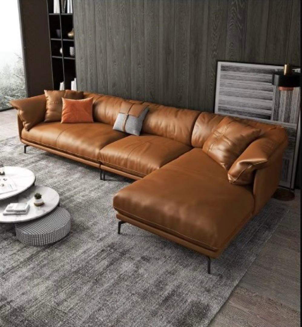 ブラウンレザーL字型ソファ　3人掛け・4人掛け