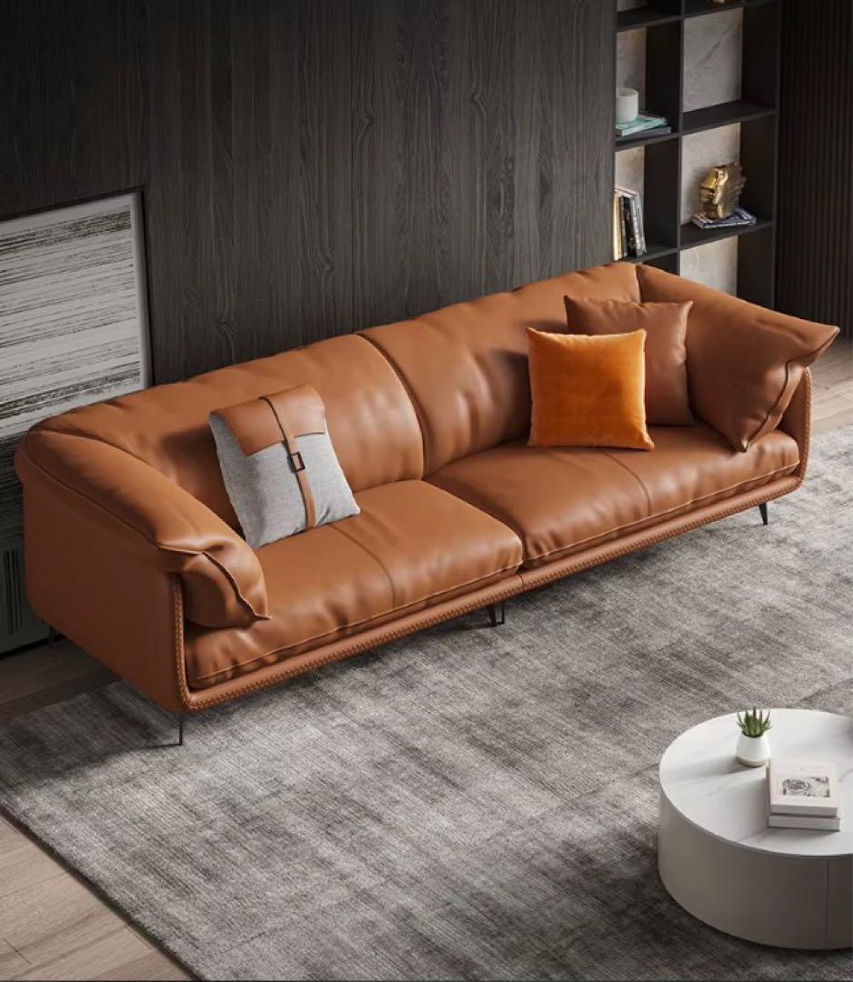 ブラウンレザーL字型ソファ　3人掛け・4人掛け