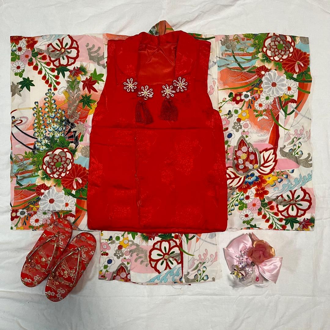 七五三　3歳　アンティーク　被布　正絹　白　着物セット