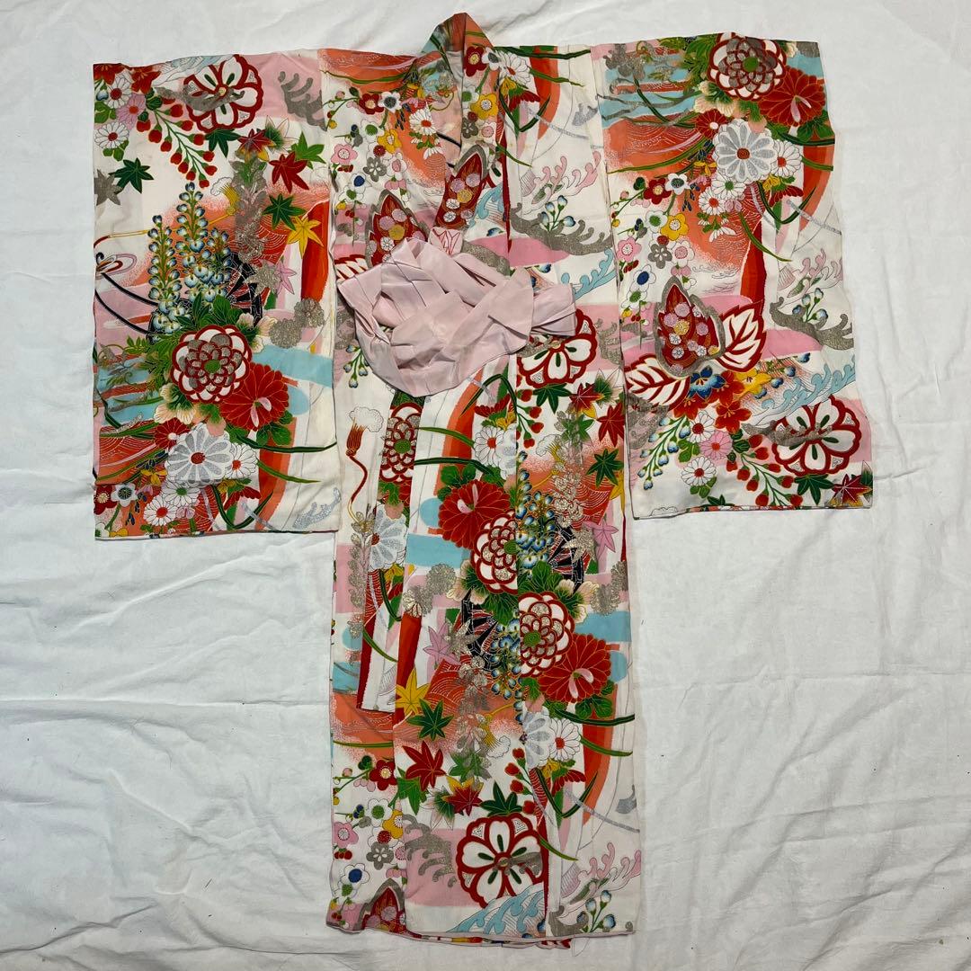 七五三　3歳　アンティーク　被布　正絹　白　着物セット