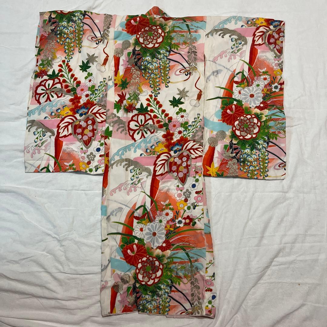 七五三　3歳　アンティーク　被布　正絹　白　着物セット