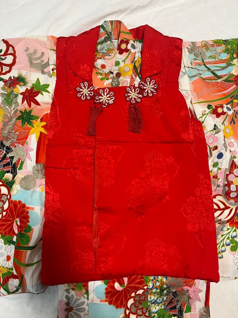 七五三　3歳　アンティーク　被布　正絹　白　着物セット