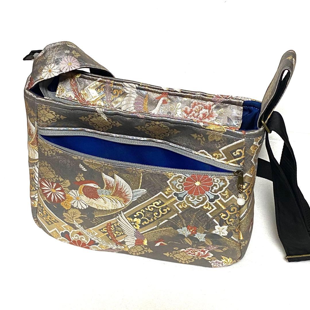 392 帯リメイク 鳳凰と鴛鴦のふっくらショルダーバッグ 匿名配送