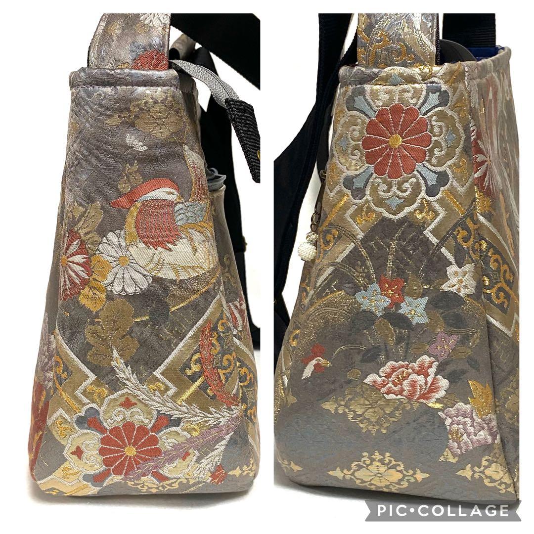 392 帯リメイク 鳳凰と鴛鴦のふっくらショルダーバッグ 匿名配送