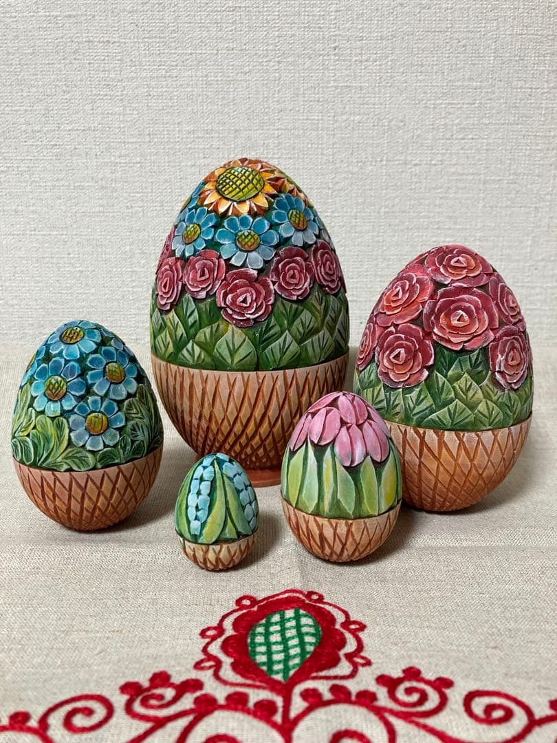 ロシア雑貨☆イースターエッグ型マトリョーシカ5Pフラワーバスケット カービング