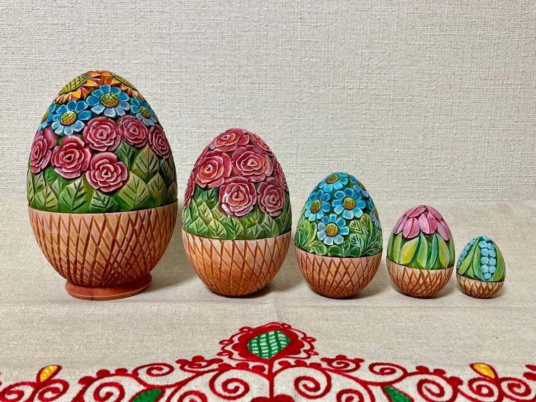 ロシア雑貨☆イースターエッグ型マトリョーシカ5Pフラワーバスケット カービング