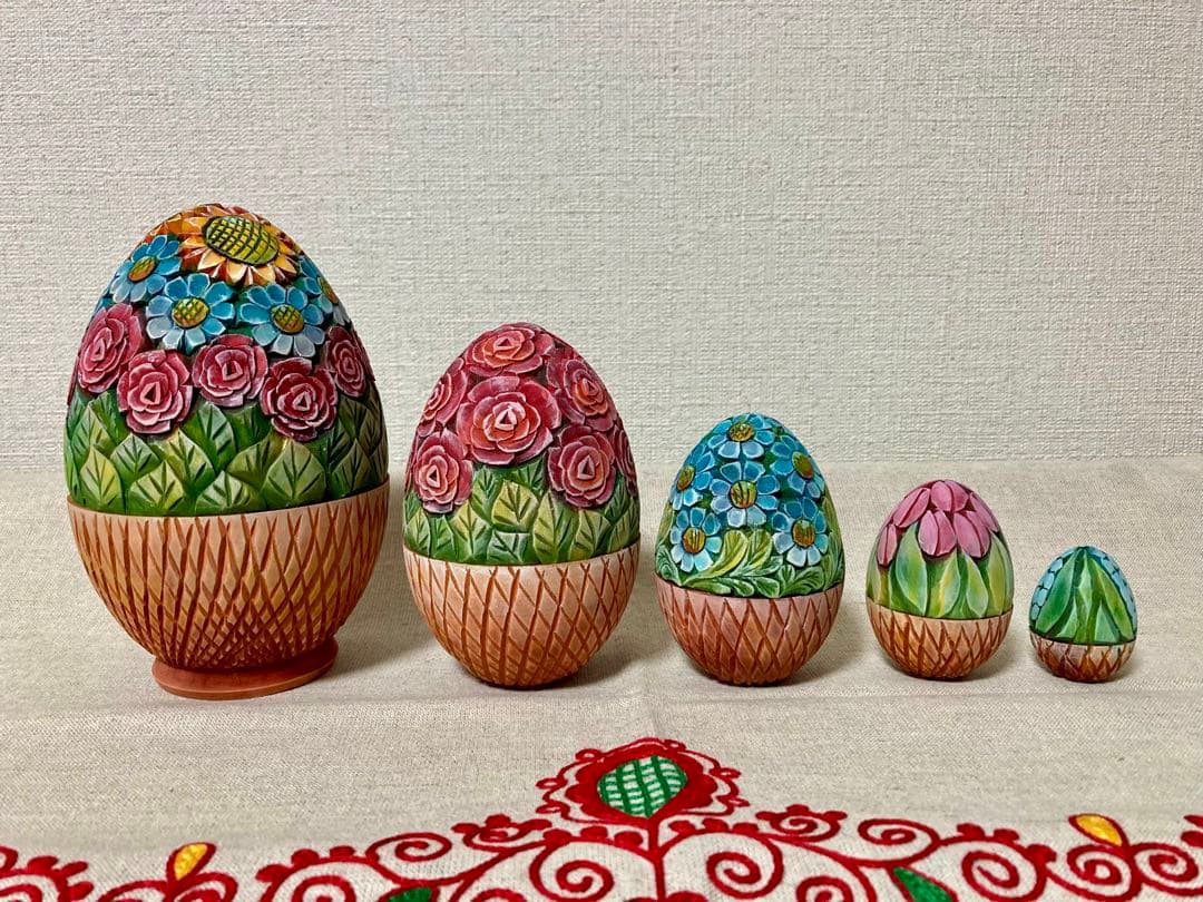 ロシア雑貨☆イースターエッグ型マトリョーシカ5Pフラワーバスケット カービング