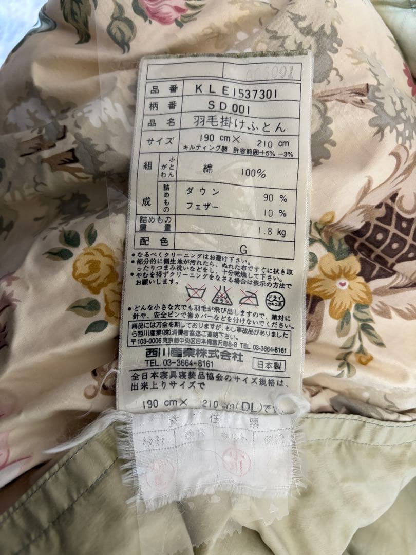 送料無料 西川 サンダーソン 羽毛布団 ダブル ロング《布団カバー収納袋付》
