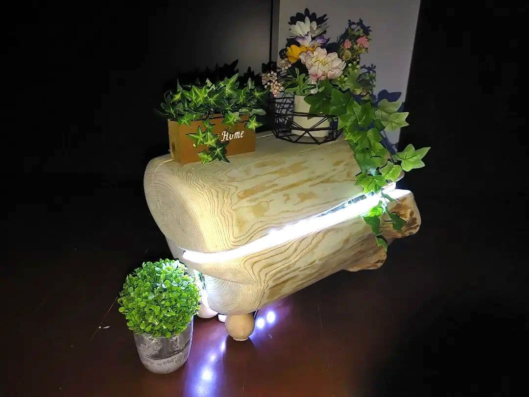 ①大型 ひのき 切り株 ベンチ 間接照明 LEDライト付き フラワースタンド