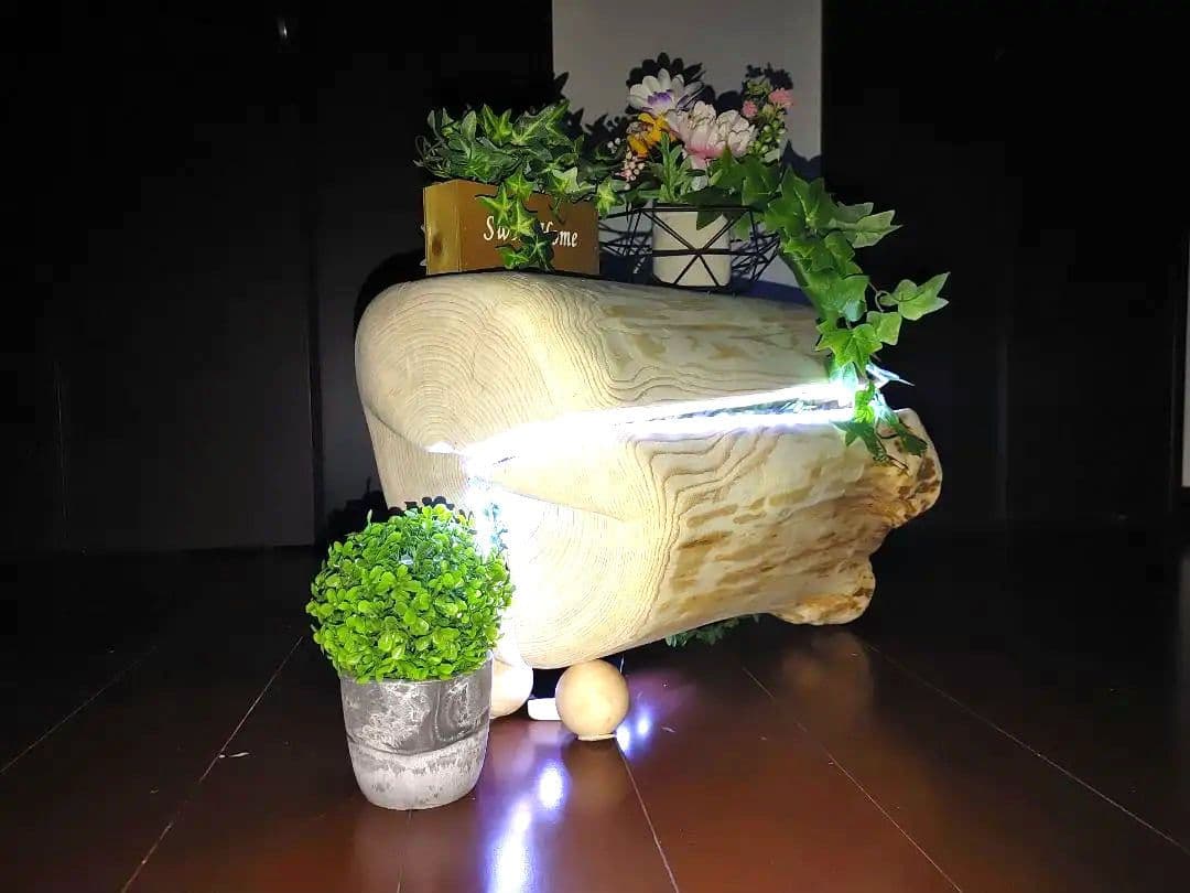 ①大型 ひのき 切り株 ベンチ 間接照明 LEDライト付き フラワースタンド