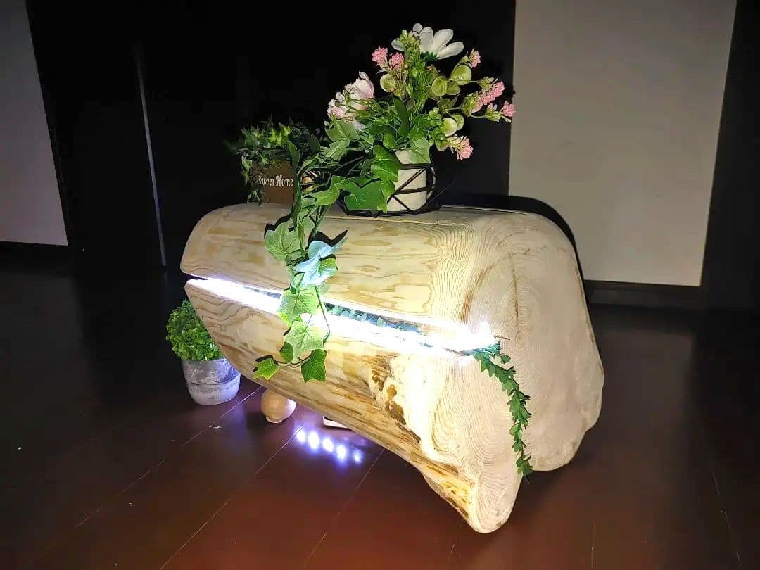 ①大型 ひのき 切り株 ベンチ 間接照明 LEDライト付き フラワースタンド