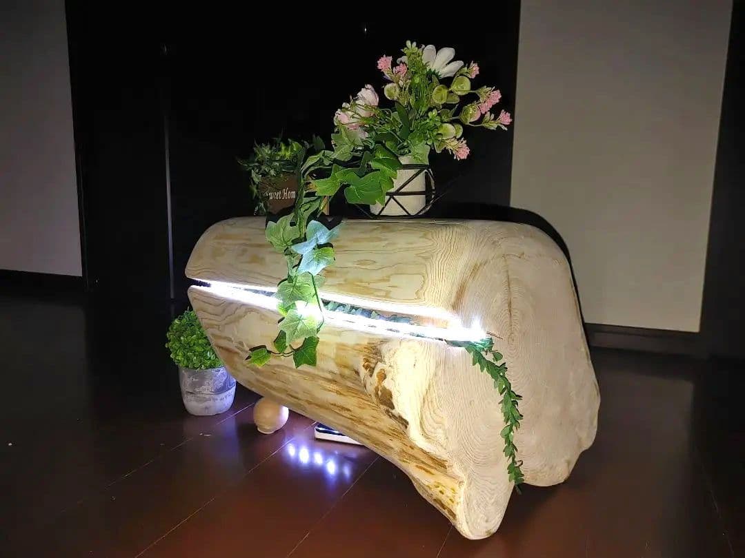 ①大型 ひのき 切り株 ベンチ 間接照明 LEDライト付き フラワースタンド