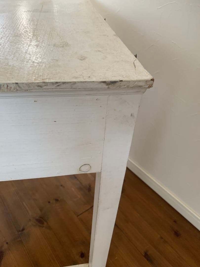 古道具　アンティーク　ホワイト木製テーブル 引き出し2つ付き