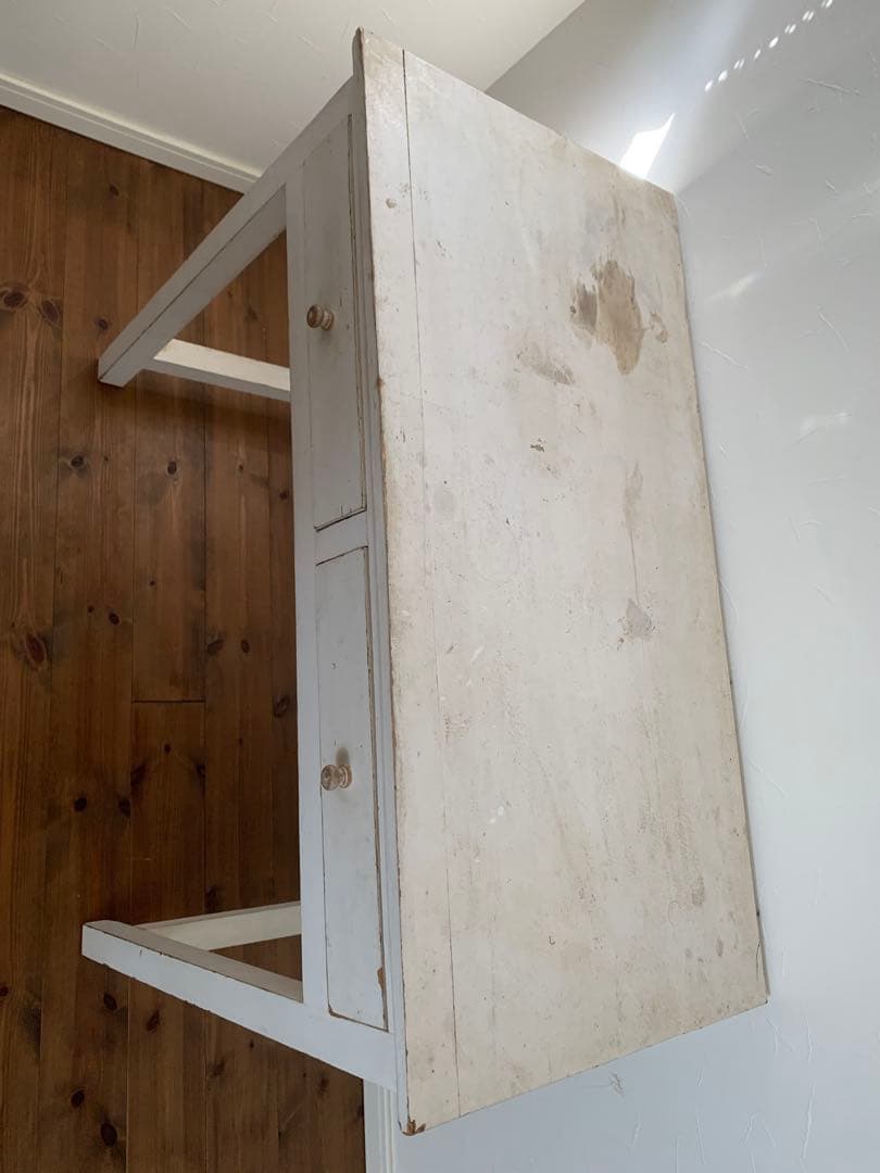 古道具　アンティーク　ホワイト木製テーブル 引き出し2つ付き