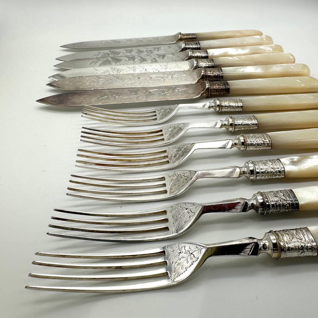 英国製/白蝶貝マザーオブパールフルーツナイフ&フォーク12本 鍵付木製箱