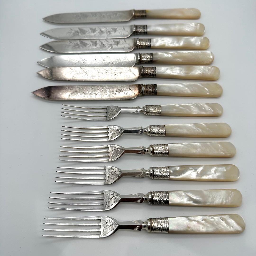 英国製/白蝶貝マザーオブパールフルーツナイフ&フォーク12本 鍵付木製箱