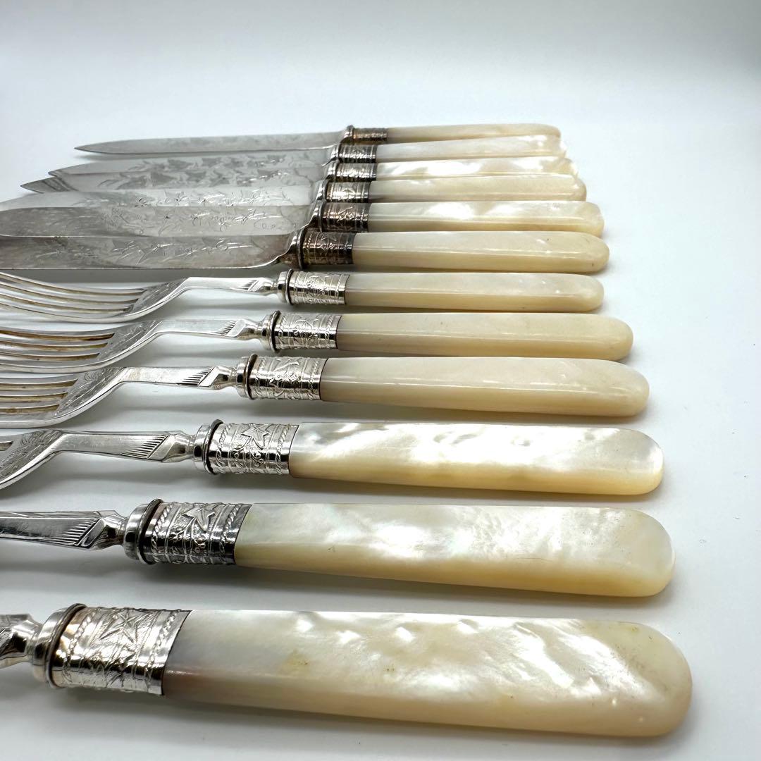 英国製/白蝶貝マザーオブパールフルーツナイフ&フォーク12本 鍵付木製箱