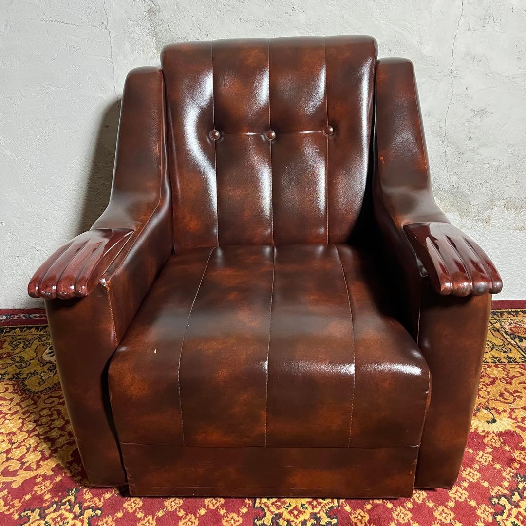 レトロ ソファ アンティーク調 肘掛け木製デザイン ビンテージ家具 昭和レトロ